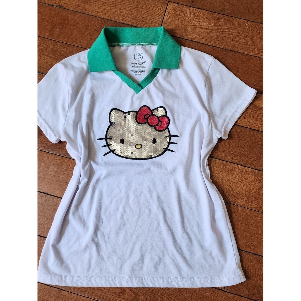 Hello Kitty Girls' 12 White Sequin Logo Polo Top with Green Collar Glitter Bow